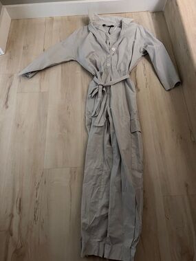 Zara Light Gray Utility Jumpsuit with Tie Waist